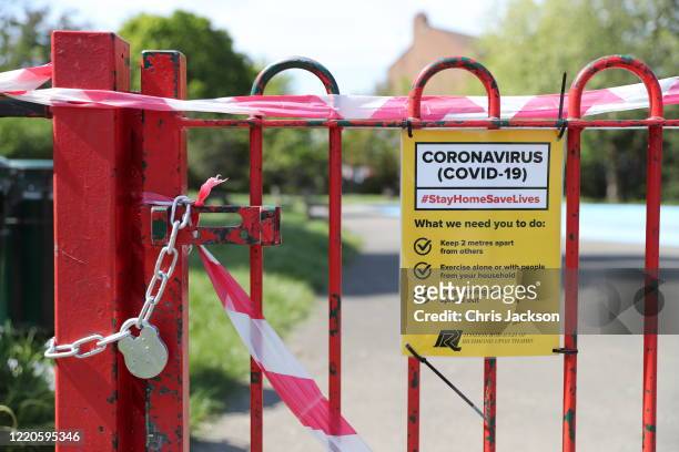 Sign on the gate of a closed children's playground in Barnes on April 23, 2020 in London, England. The British government has extended the lockdown...