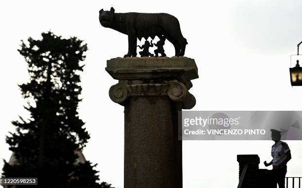 Bronze sculpture of the Capitoline Wolf suckling the mythical twin founders of Rome, Romulus and Remus, is pictured on Capitoline Hill in central...