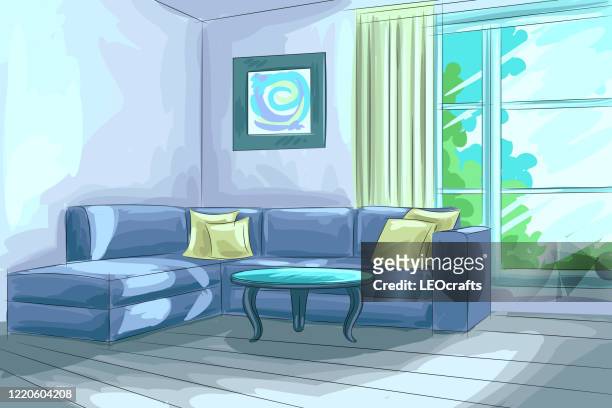 beautiful living room drawing - inside of house stock illustrations