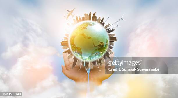 earth and environment which has the city skyline surrounded the sky surface - aircraft stock pictures, royalty-free photos & images