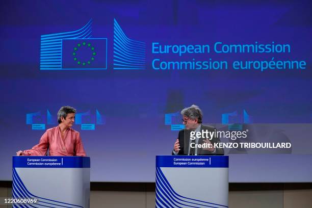 European Union Commission Executive Vice President Margrethe Vestager and Internal Market Commissioner Thierry Breton hold a video press conference...