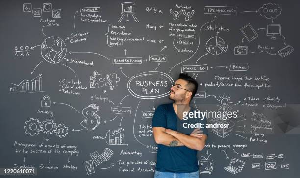 thoughtful entrepreneur looking at the business plan behind him - business plan stock pictures, royalty-free photos & images