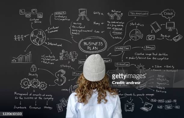 female entrepreneur looking at the business plan on a blackboard - business plan stock pictures, royalty-free photos & images