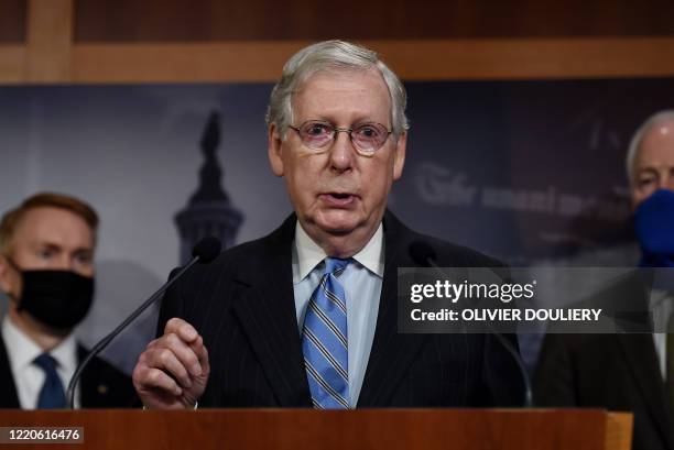 Republican Senate Majority Leader Mitch McConnell speaks during a news conference to announce that the Senate is considering police reform...