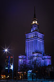 Palace of Culture and Science in  floodlight at New Year's Eve
