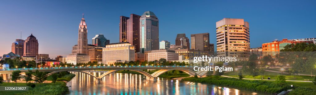 Downtown city skyline view of Columbus Ohio USA at night