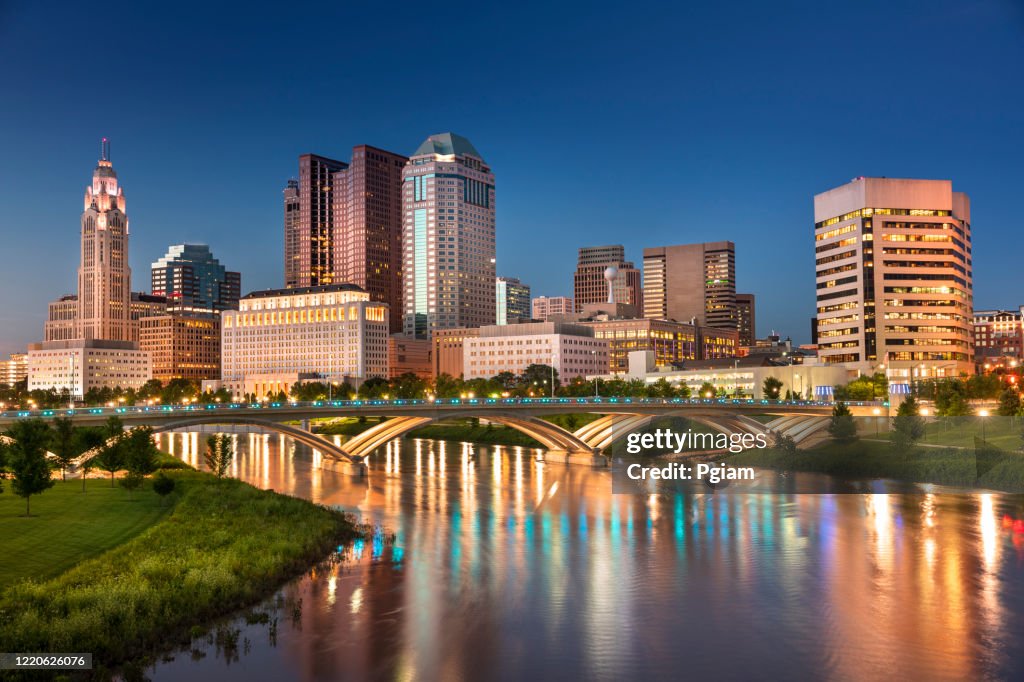 Downtown city skyline view of Columbus Ohio USA at night