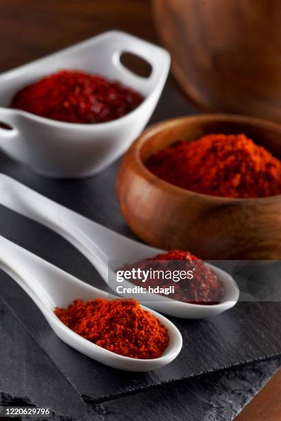 ground red pepper and flaked chili pepper - cayenne powder stock pictures, royalty-free photos & images