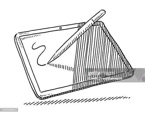 tablet computer and pen drawing - stylus pen stock illustrations