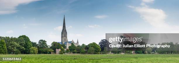 salisbury cathedral and the west harnham water meadows. - salisbury cathedral stock pictures, royalty-free photos & images