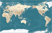 World Map - Pacific View - Asia China Center - Political Topographic - Vector Detailed Illustration