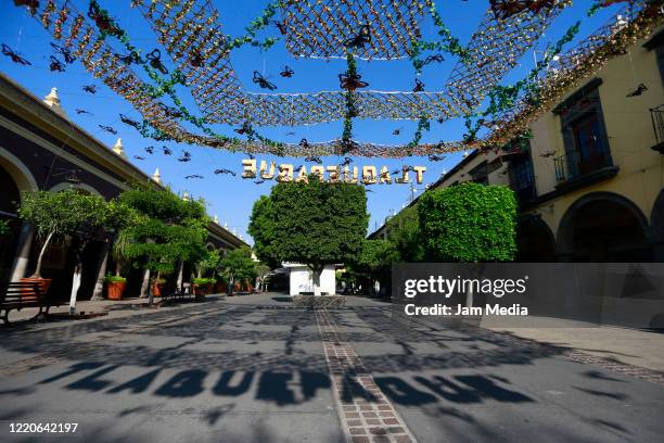 General view of an empty restaurant zone on April 21, 2020 in Tlaquepaque, Mexico. Mexico started what the authorities call Stage Three of health...