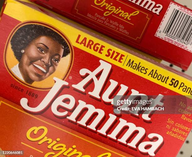 Boxes of Aunt Jemima pancake mix are seen on a store shelf on June 17, 2020 in Washington,DC. The Aunt Jemima brand of syrup and pancake mix will get...