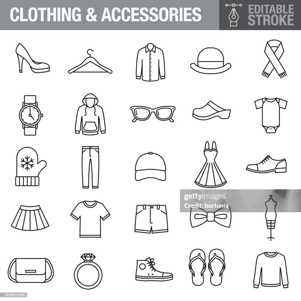Kleidung und Zubehör editierbare Strich Icon Set