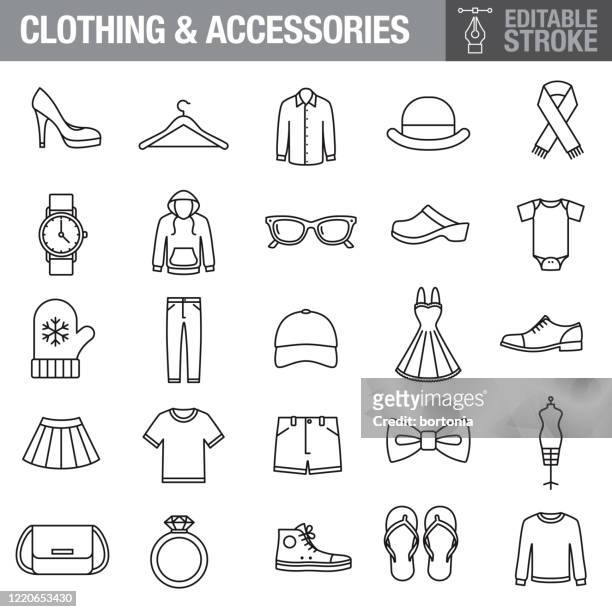 illustrazioni stock, clip art, cartoni animati e icone di tendenza di set di icone tratto modificabile di abbigliamento e accessori - shirt