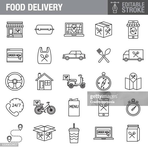 food delivery editable stroke icon set - take out food stock-grafiken, -clipart, -cartoons und -symbole