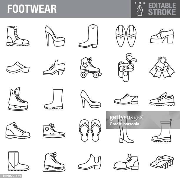 ilustrações de stock, clip art, desenhos animados e ícones de footwear editable stroke icon set - chinelo de dedo