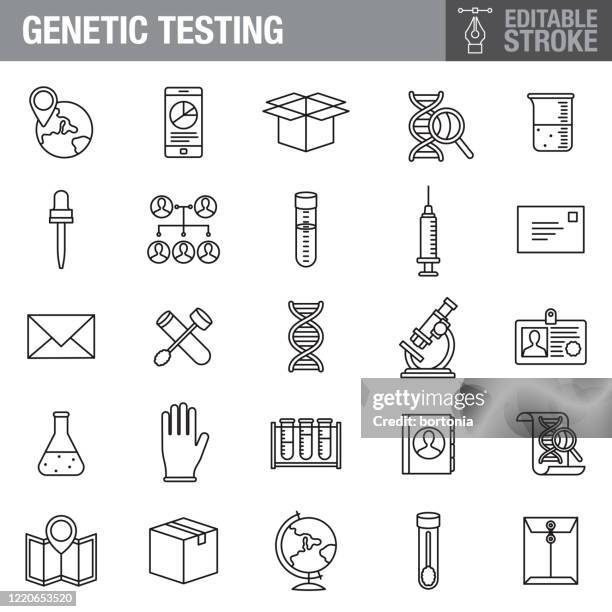 ilustraciones, imágenes clip art, dibujos animados e iconos de stock de conjunto de iconos de trazo editables de pruebas genéticas - investigación genética