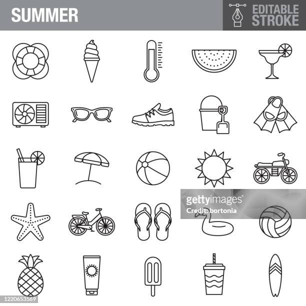stockillustraties, clipart, cartoons en iconen met pictogramset voor zomerbewerkbare lijnen - beach umbrella