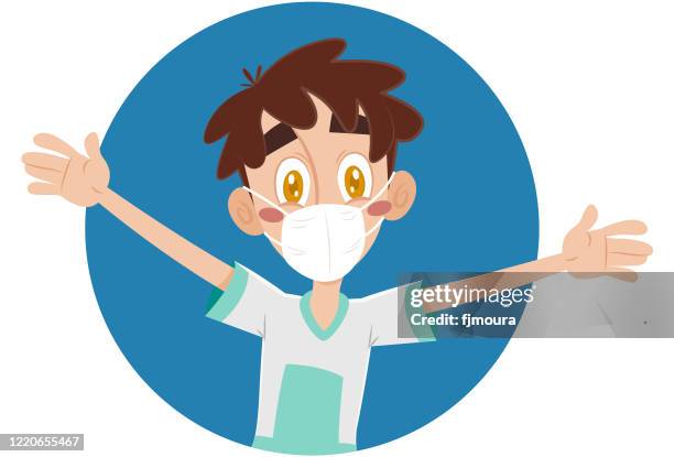 happy boy with open arms protected with mask - looking into camera studio stock illustrations