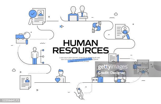 bildbanksillustrationer, clip art samt tecknat material och ikoner med human resources vector banner design concept. disposition line icon vector illustration mall för webbplatser, presentation etc. - rekrytering
