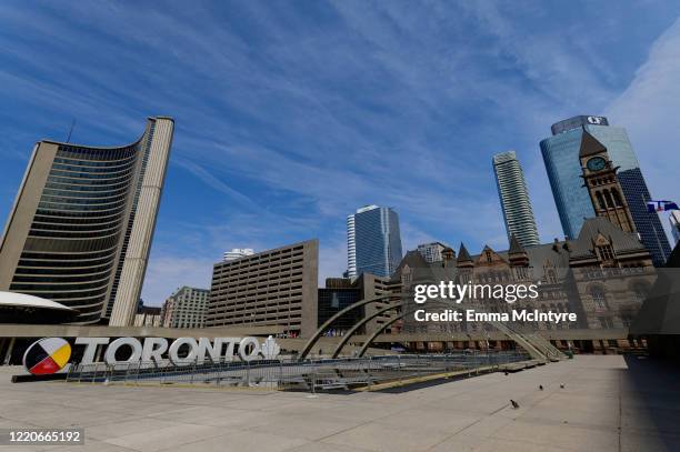 Nathan Phillips Square and Toronto City Hall is seen during the coronavirus pandemic on April 23 2020 in Toronto, Canada. Tourist attractions across...
