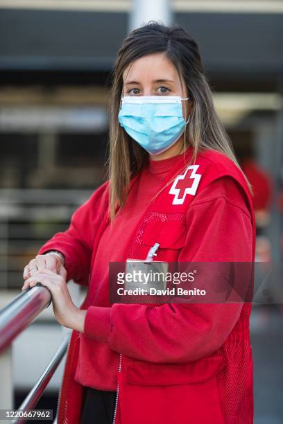 Elena a psychologist belonging to the Red Cross psychosocial ERIE Madrid looks on in the IFEMA COVID-19 hospital on April 23, 2020 in Madrid, Spain....