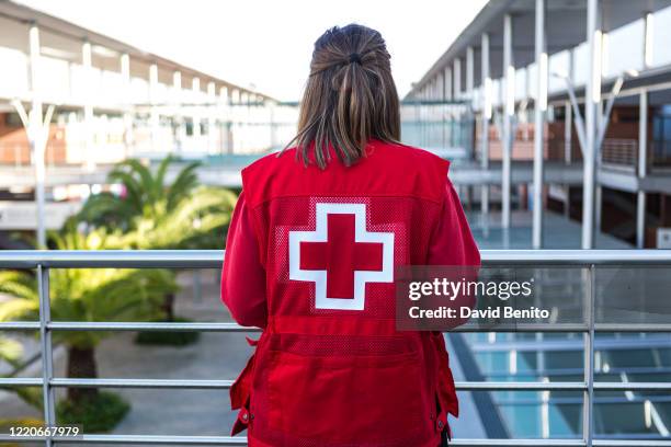 Elena a psychologist belonging to the Red Cross psychosocial ERIE Madrid looks on in the IFEMA COVID-19 hospital on April 23, 2020 in Madrid, Spain....