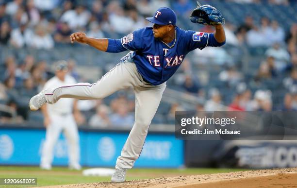 Edinson Volquez of the Texas Rangers in action against the New York Yankees at Yankee Stadium on September 03, 2019 in New York City. The Yankees...