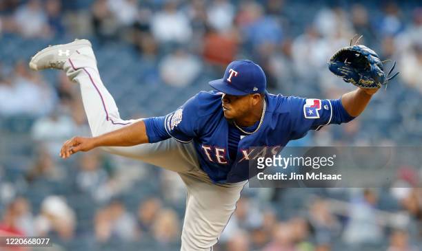 Edinson Volquez of the Texas Rangers in action against the New York Yankees at Yankee Stadium on September 03, 2019 in New York City. The Yankees...