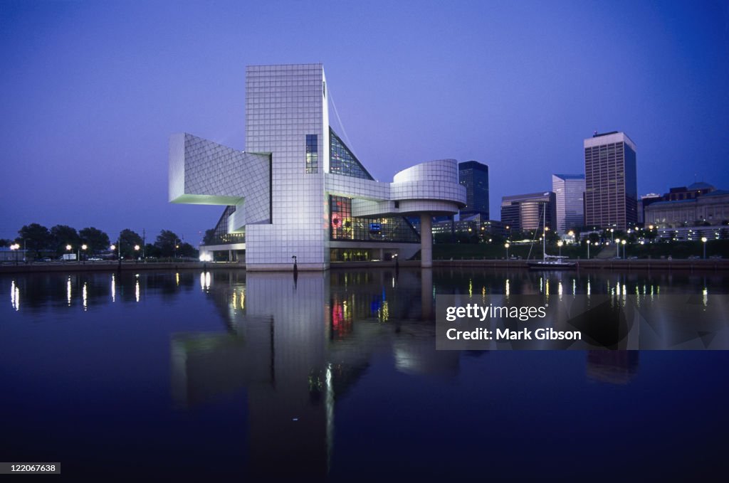 Rock and Roll Hall of Fame in Cleveland at dusk