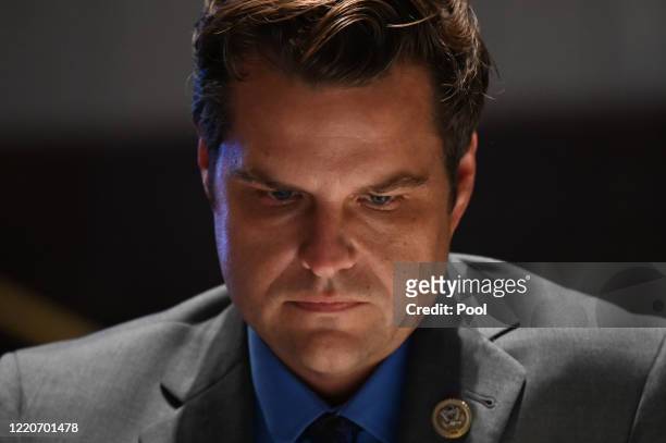 Representative Matt Gaetz, a Republican from Florida, listens during a markup on H.R. 7120, the "Justice in Policing Act of 2020," on June 17 in...