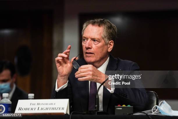 Trade Representative Robert Lighthizer appears before the Senate Finance Committee on June 17, 2020 in Washington, DC. Earlier, Lighthizer told the...