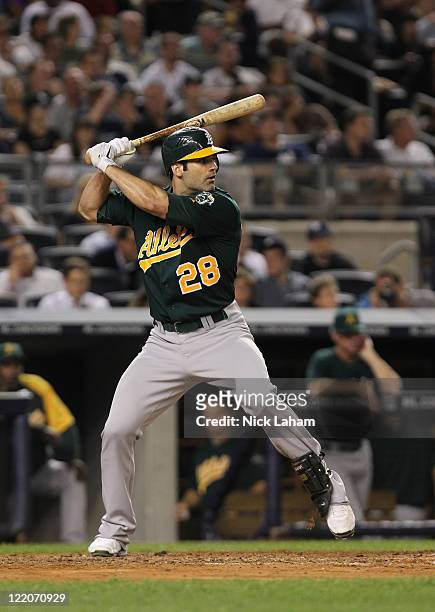 Conor Jackson of the Oakland Athletics against the New York Yankees on August 24, 2011 at Yankee Stadium in the Bronx borough of New York City.