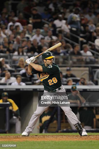 Conor Jackson of the Oakland Athletics against the New York Yankees on August 24, 2011 at Yankee Stadium in the Bronx borough of New York City.