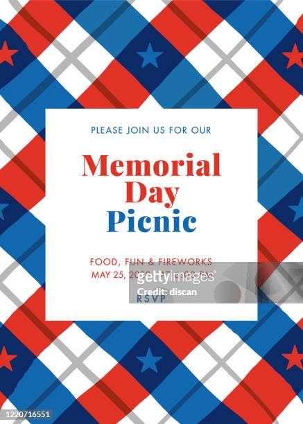 ilustraciones, imágenes clip art, dibujos animados e iconos de stock de invitación de fiesta de picnic del día de los caídos - ilustración. - tributo