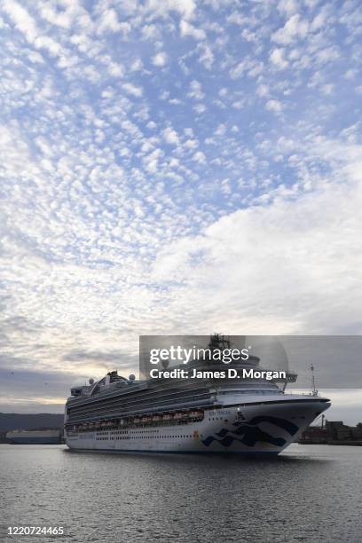 The Ruby Princess cruise ship as she begins her departure from Port Kembla on April 23, 2020 in Wollongong, Australia. Australian Border Force has...