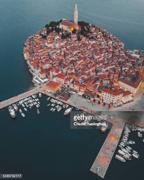 rovinj sunrise aerial view from above - rovinj stock pictures, royalty-free photos & images