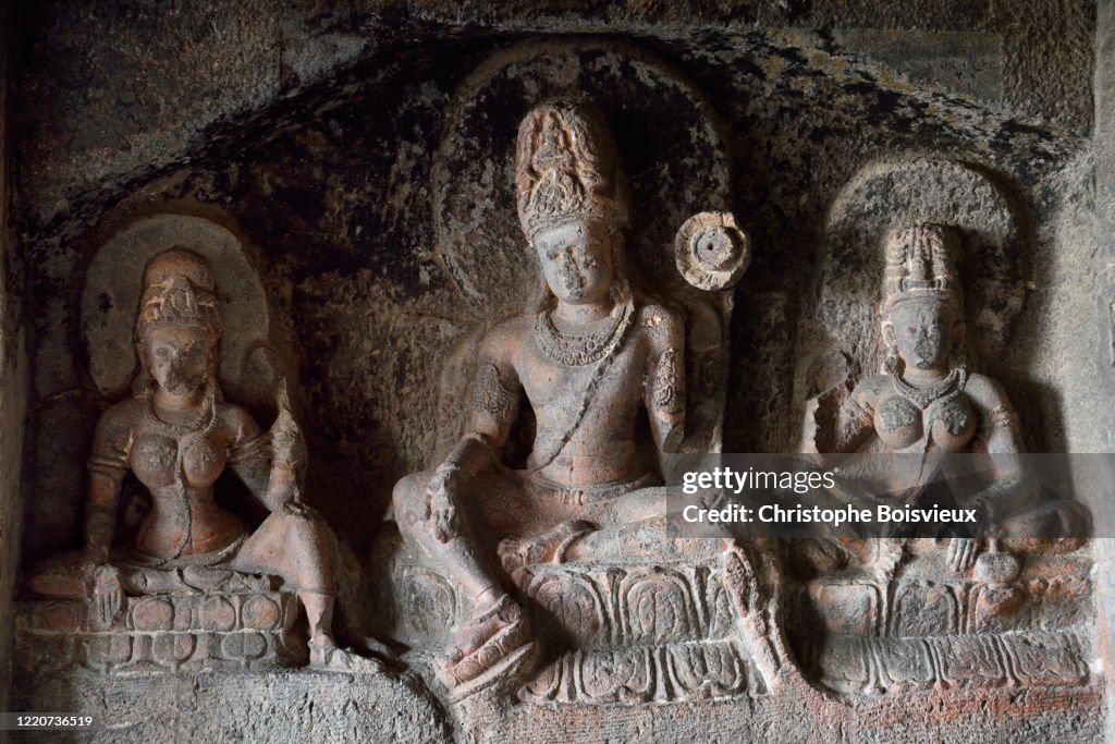 India, Maharashtra, World Heritage Site, Ellora, Cave 12, Bodhisattva Padmapani (Avalokiteshvara) with two Taras