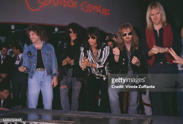 Aerosmith at their 'RockWalk' induction ceremony, in Los Angeles, California, 6th March 1990.