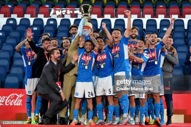 Napoli's players celebrating the winning of the Coppa Italia before the Coppa Italia Final match between Juventus and SSC Napoli at Olimpico Stadium...