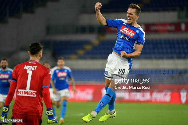 Arkadiusz Milik of SSC Napoli celebrates after scoring last penalty kick during the Coppa Italia Final match between Juventus and SSC Napoli winner...