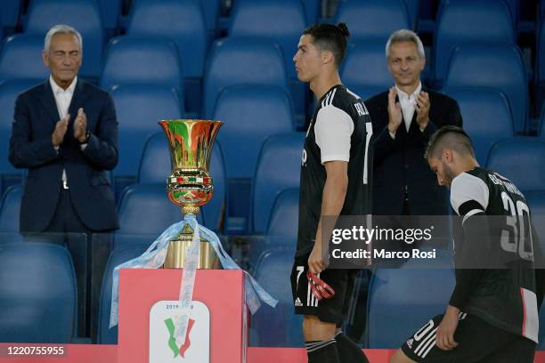 Juventus' player Cristiano Ronaldo passing near the trophy disappointed after the Coppa Italia Final match between Juventus and SSC Napoli winner at...