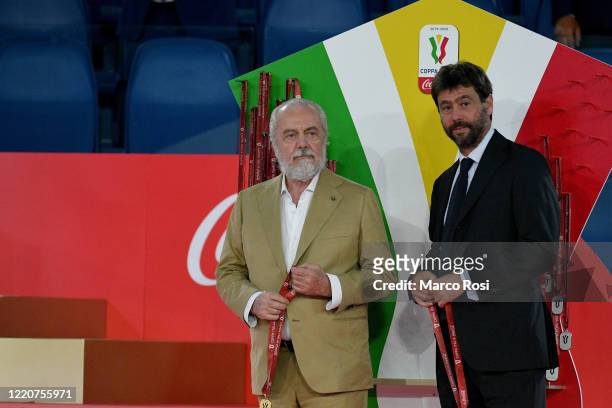 Aurelio De Laurentiis president of SSC Napoli and Andrea Agnelli president of Juventus with the medals after the Coppa Italia Final match between...