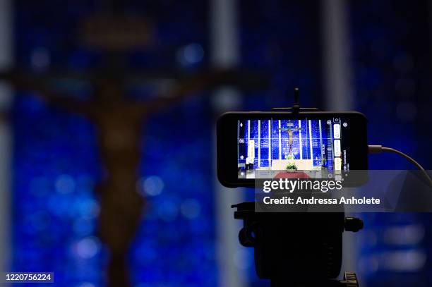 The daily mass is broadcast online amidst the coronavirus pandemic at the Santuario Dom Bosco on June 17 2020 in Brasilia. The Sanctuary cleans the...