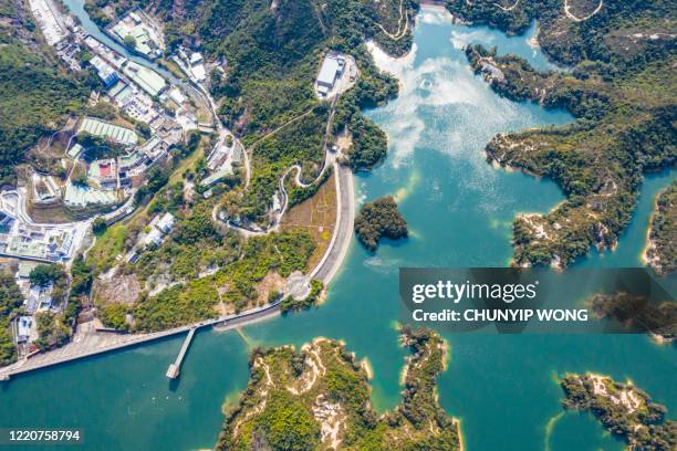 drone view over hong kong tai lam chung reservoir - reservoir engineering stock pictures, royalty-free photos & images