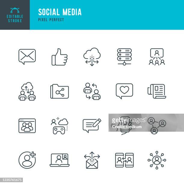 social media - thin line vector icon set. pixel perfect. editable stroke. the set contains icons: speech bubble, communication, friends, blogging, community, cloud computing, newspaper. - connection stock illustrations