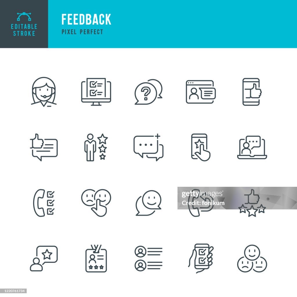 FEEDBACK - conjunto de iconos vectoriales de línea delgada. Píxel perfecto. Trazo editable. El conjunto contiene iconos: Cuestionario, Comentarios, Soporte, Pulgar Arriba, Testimonio, Calificación, Satisfacción.