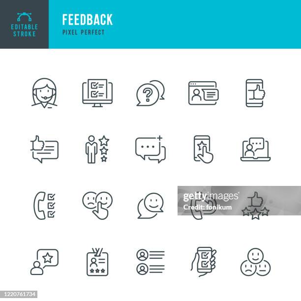 stockillustraties, clipart, cartoons en iconen met feedback - dunne lijnvectorpictogramset. pixel perfect. bewerkbare slag. de set bevat pictogrammen: vragenlijst, feedback, ondersteuning, duim omhoog, testimonial, rating, tevredenheid. - op de koffie
