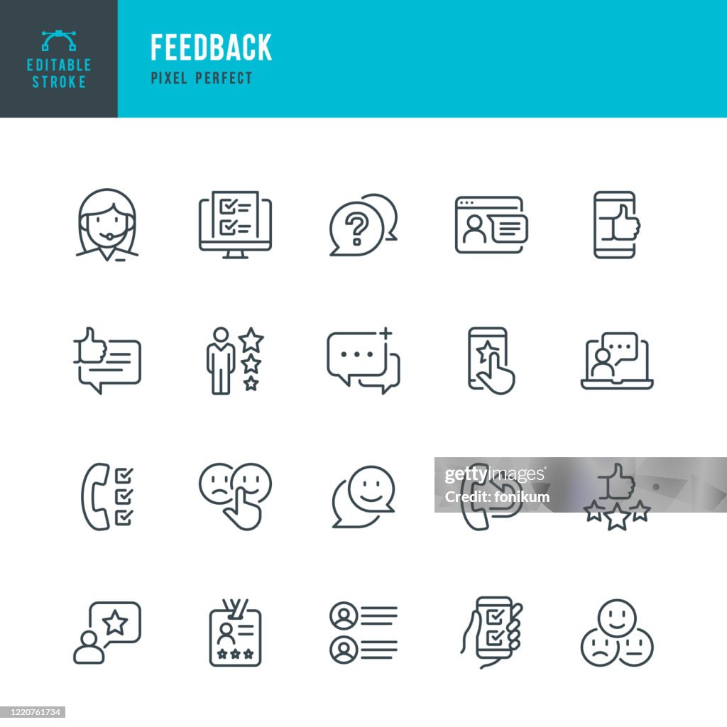 FEEDBACK - thin line vector icon set. Pixel perfect. Editable stroke. The set contains icons: Questionnaire, Feedback, Support, Thumb Up, Testimonial, Rating, Satisfaction.